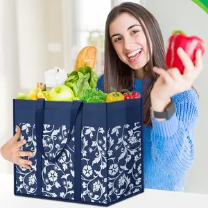 4-Pack Reusable Grocery Bags Foldable Tote Bags Bulk with Reinforced Handles Shopping Bags for Groceries Heavy Duty Kitchen Reusable Grocery Bags with Waterproof Coating 4-Pack, Blue summerwins