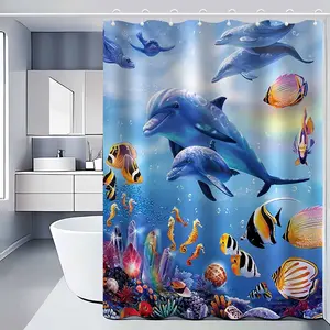Underwater World Dolphin Seahorse Sea Fish Animal Shower Curtain, High end Elegant Bathroom Curtain, Bathroom Decoration Pattern
