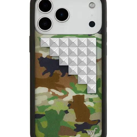 Cat Camo Studs | Limited Edition Trendy Collab iPhone Case | Raised Protective Black Bumper | Women Owned Small Business | Black Brown Green White Cat Figures in Camouflage | Safety Casing Protective | Gift for Her, Accessories, Smartphone