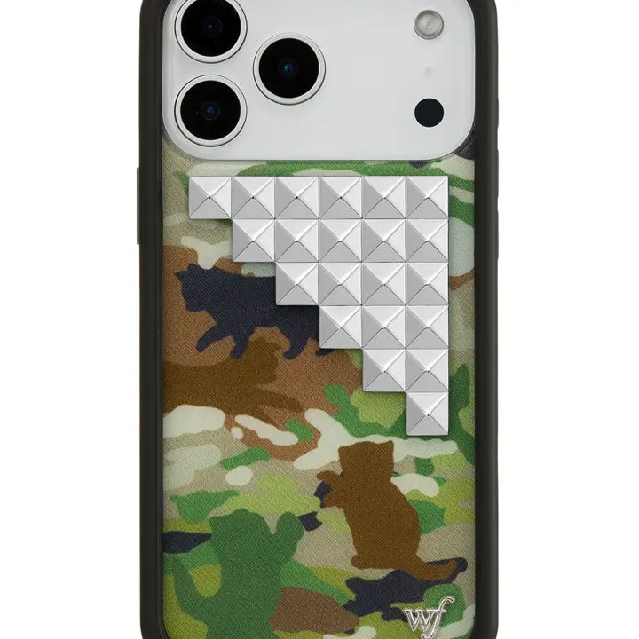 Cat Camo Studs | Limited Edition Trendy Collab iPhone Case | Raised Protective Black Bumper | Women Owned Small Business | Black Brown Green White Cat Figures in Camouflage | Safety Casing Protective | Gift for Her, Accessories, Smartphone