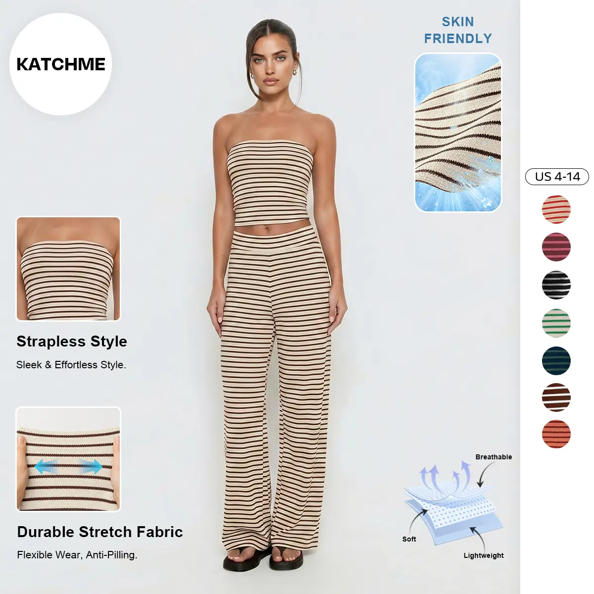 Katch Me Chic(US)Women's Casual Color Matching Stripe Slim Tube Top & Low-Rise Wide Leg Trousers Co-ord, Lightweight Wrinkle-Resistant Spring & Summer Outfits, Skin-Friendly Two Piece Sets