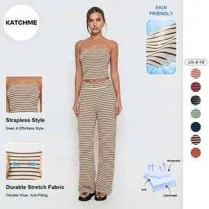 Katch Me Chic(US)Women's Casual Color Matching Stripe Slim Tube Top & Low-Rise Wide Leg Trousers Co-ord, Lightweight Wrinkle-Resistant Spring & Summer Outfits, Skin-Friendly Two Piece Sets
