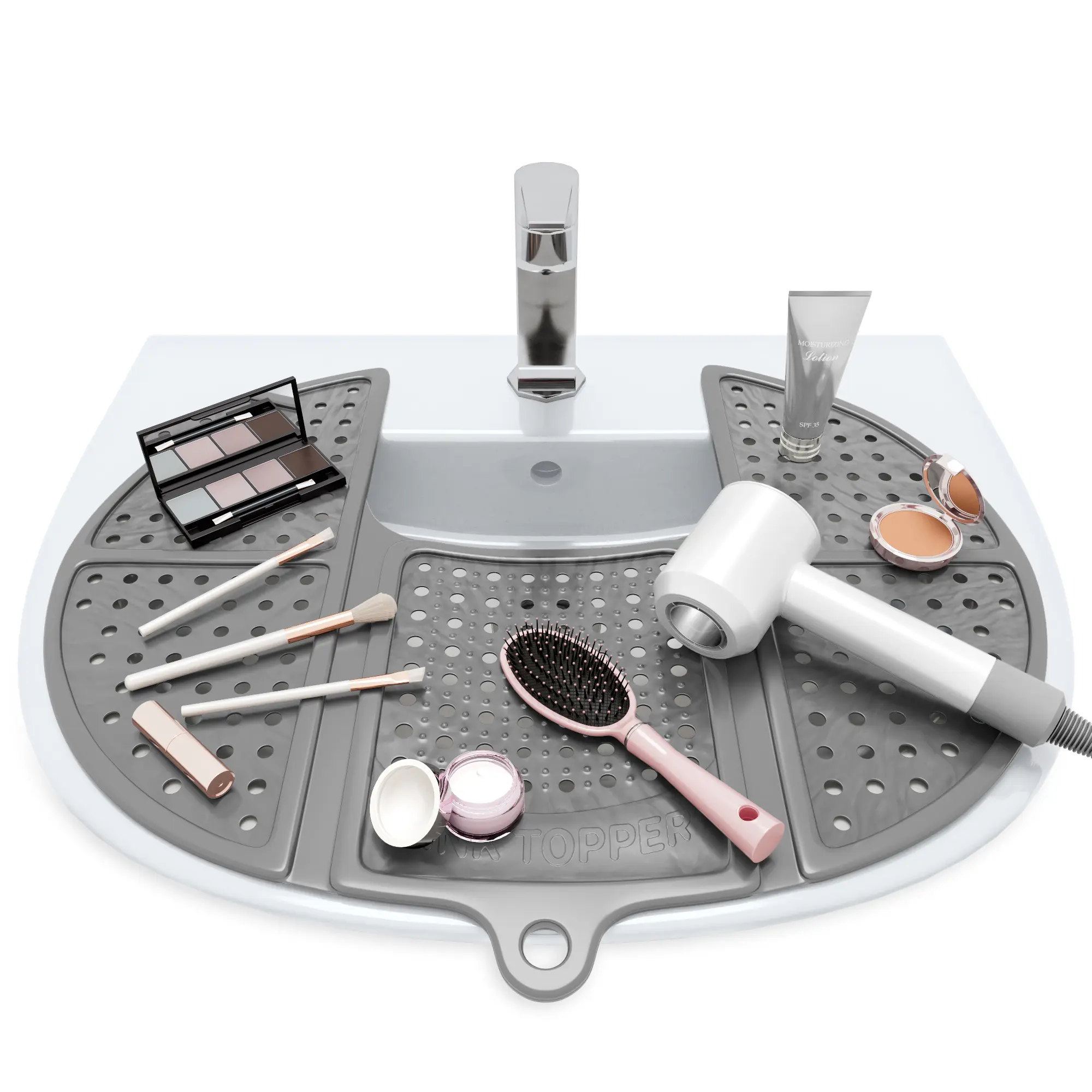 Sink Topper Foldable Sink Cover - Silicone Beauty Makeup Brush Cleaning Mat - Vanity Tools Organizer - Bathroom Must Have Accessory for Extra Space & Storage Saver - Cleaner Pad - Small, Silver