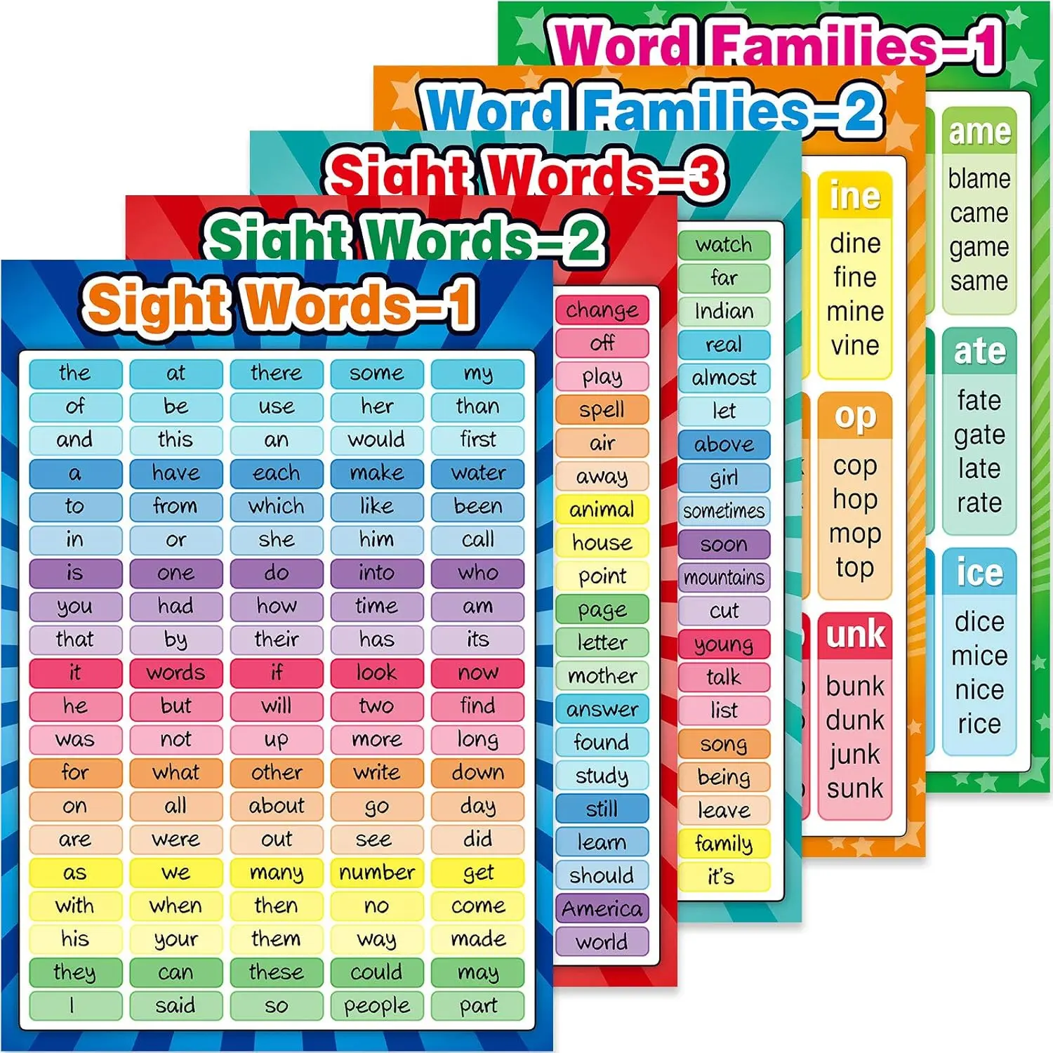 Educational Posters Sight Words and Word Families Posters Educational Charts, Classroom Decorations Learning Charts for Preschool