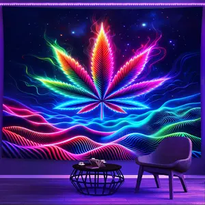 1pc Wave Large Leaf UV Black Light Tapestry, Tapestry Room Decor, Holiday Gift, Party Decoration, Live Broadcast Background Cloth, Home Decoration Hanging Cloth, Wall Hanging Tapestry, With Free Installation accessories