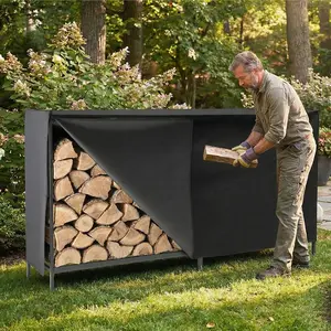 8 ft Black Firewood Rack with Waterproof Cover, Steel Log Holder for Patio and Garage,Black