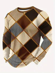 Men's Casual Classic Fashion Long Sleeve T-Shirt, 3D Checkered Pattern, Fitted Style, All over Print, Perfect for All Seasons, Comfortable Wear