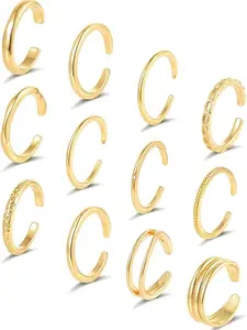12 Pcs Toe Rings Minimalist Trendy Style (18K Gold Plated, Adjustable Design, High Quality Copper & Various Band Sizes) for Women & Girls (Beach, Daily Wear & Summer Outfits)