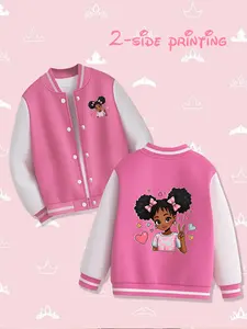 Girls' Heart Print Baseball Jacket, Fitted Cartoon Design, Fall & Winter Warm Fashion, Suitable for Play & Social Events, Cute Outerwear, Casual Comfy Jacket