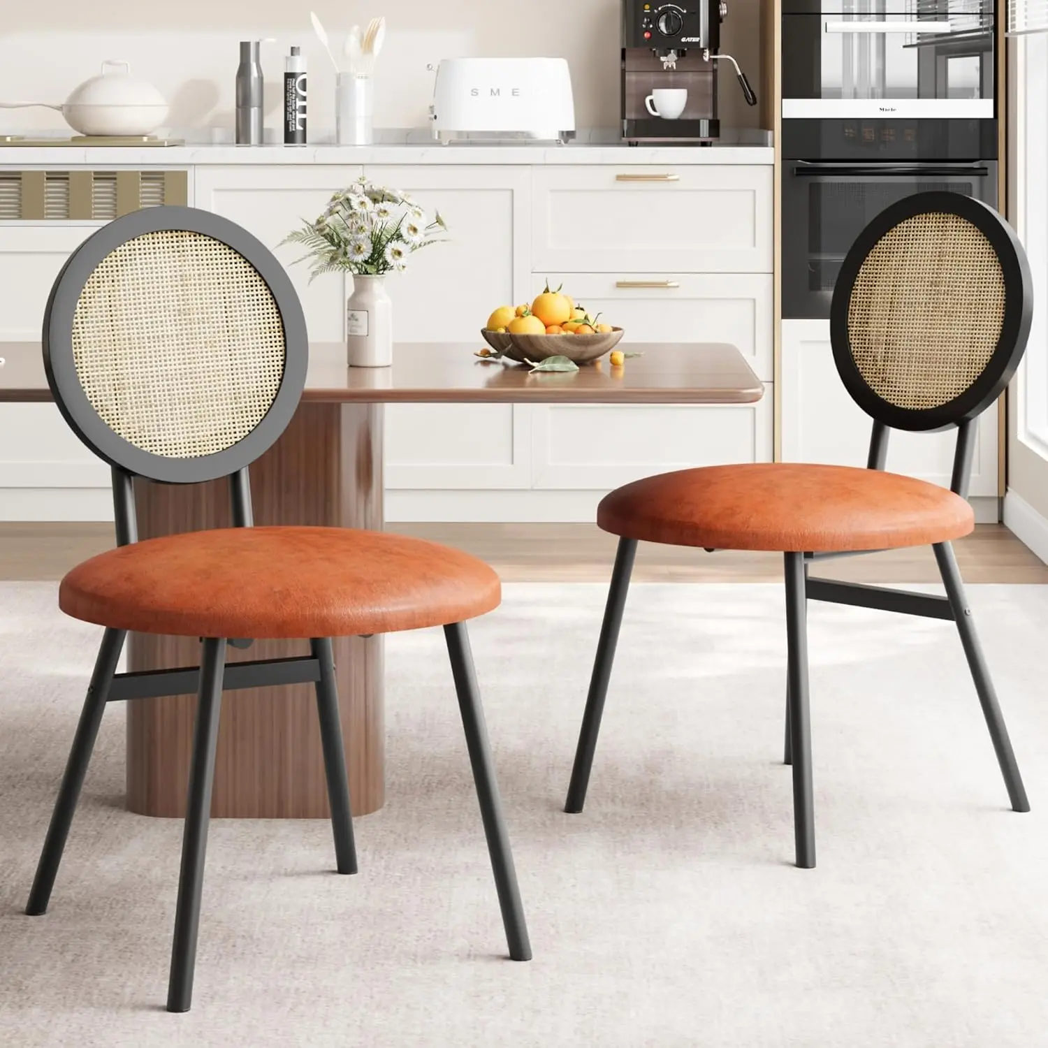 Gaomon 2-Piece Ergonomic Wicker Indoor Dining Chairs - Whiskey Brown Metal Frame, Hand-Woven Natural Rattan Backrest, PU Leather Seat, Craft Chic Design with Tilt Support for Home Decor Enthusiasts