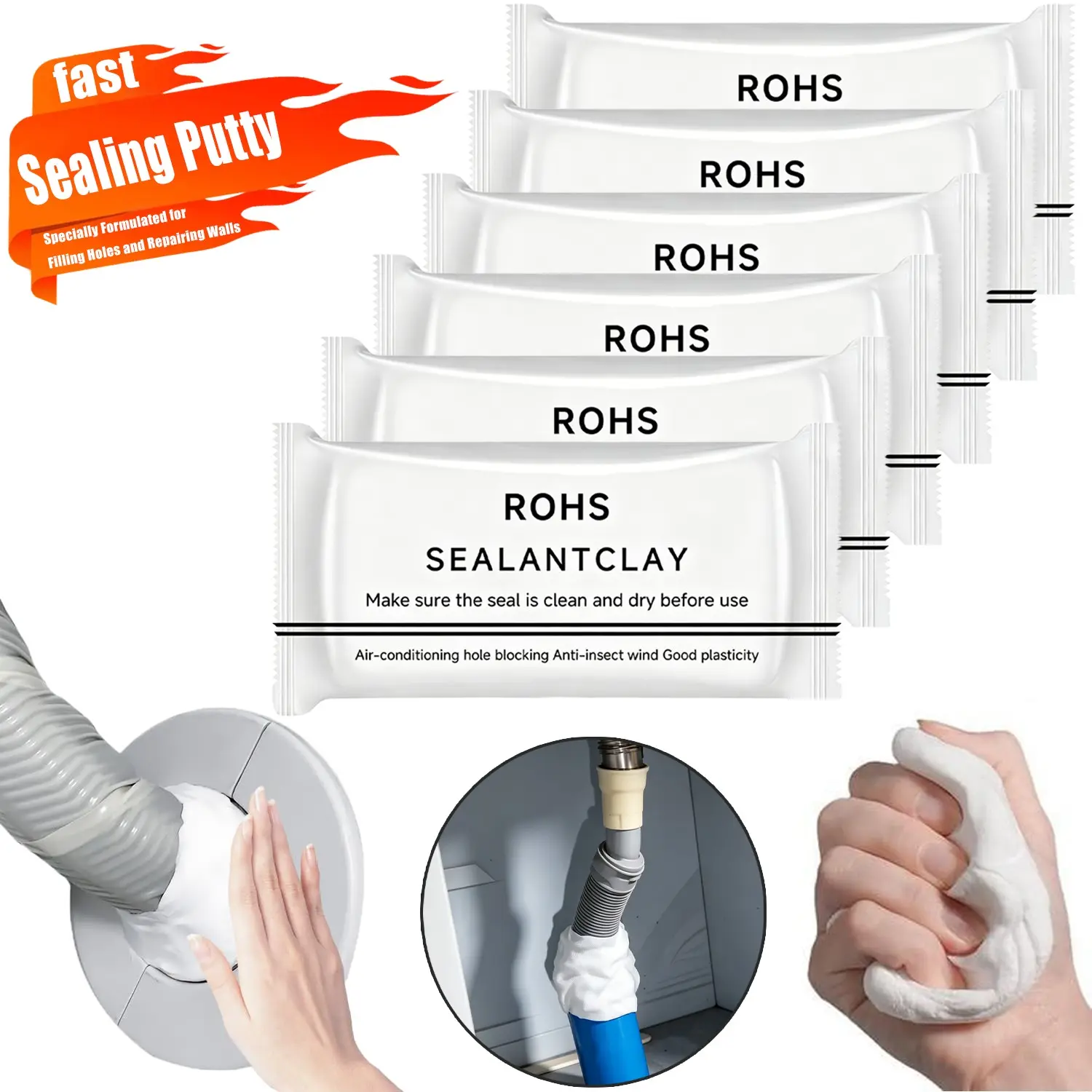 6pcs Waterproof Sealant Putty, Quick Mending Mud, Repair Wall Holes, Drain Connection, Air Conditioning Hole, Waterproof Seal Putty, Leak Proof Seal, Wall Repair Paste, Leakproof Waterproof