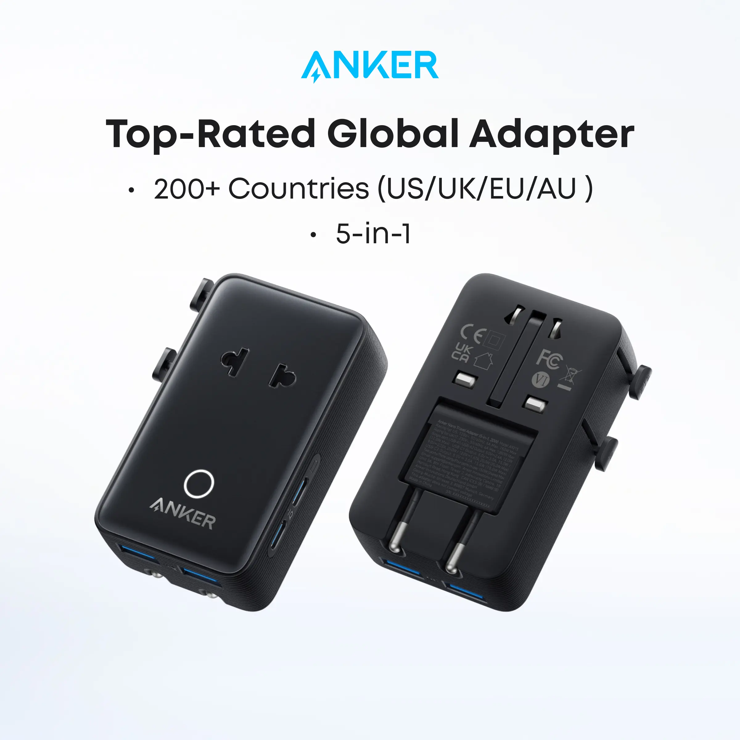 【Universal Travel Adapter Charger】Anker Nano Adapter Compatible with 200+ Countries, EU/US/UK/AU Plugs，5-in-1 2 USB-C 2 USB-A 1 AC，Perfect for International Travel,summerwins,FathersDayGift,#DealsForYouDays