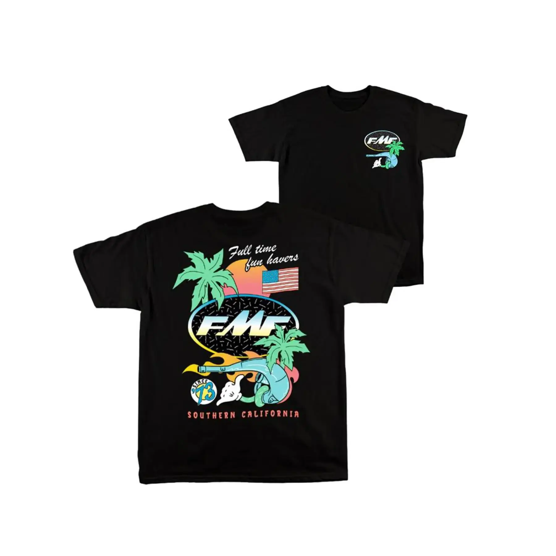 Men's American Street Style T-Shirt, Palm Tree Sunset Us Flag Print, Fmf Exhaust Pe Design, Casual Summer Fitted Graphic Tee