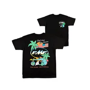 Men's American Street Style T-Shirt, Palm Tree Sunset Us Flag Print, Fmf Exhaust Pipe Design, Casual Summer Fitted Graphic Tee