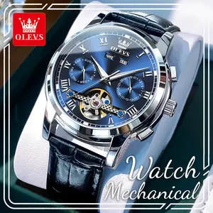 OLEVS 6607 Men's Automatic Mechanical Watch, Hollow Skeleton Flywheel Dial, Multi-Function Calendar, Waterproof Luminous Business Dress Wristwatch