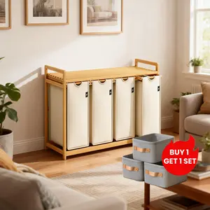 【Buy 1 Get 1 Set】Single-layer Laundry Hamper, Bamboo Made, Eco-friendly, 4 Section Large Bamboo Laundry Sorter with Removable Bags, Efficient Clothing Storage, Perfect for Washing, Drying and Storage