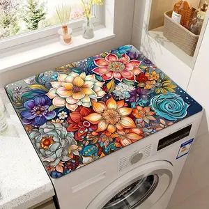 Vibrant Floral Pattern Washing Machine Dust Cover, Absorbent Countertop Mat, Fast Drying Refrigerator Pad, Microwave Dust Protector, Household Dust Cover