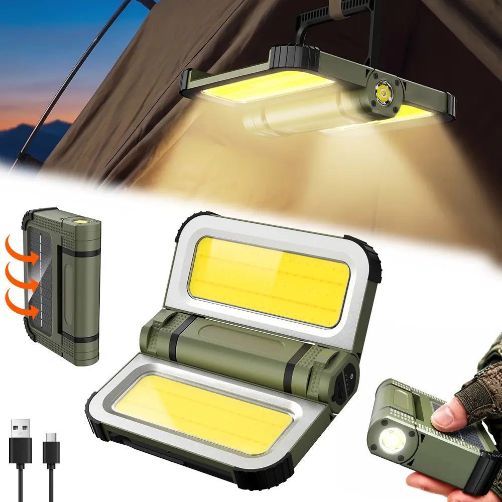 2400-Lumen Solar-Rechargeable Work Light LED flashlight – Magnetic, with Hook, Waterproof; Ideal for Auto Repair, Camping, Fishing, BBQ, and Hiking/Exploration (Green) BackToSchool