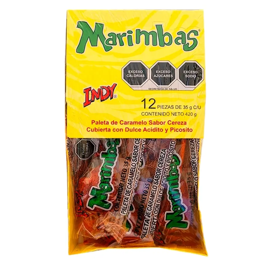 MARIMBAS - Cherry Flavored Lollipop Candy Covered with Spicy and Sour Candy / Pack With 12 Pieces /