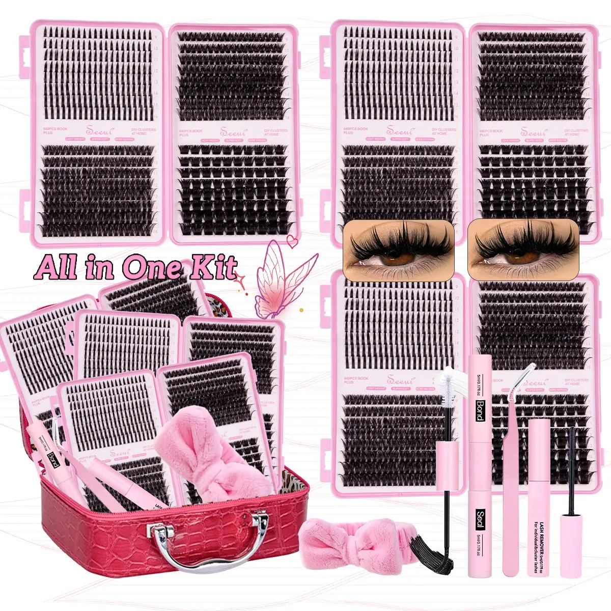 Spikes Lash Extension Kit, Eyelash Extension Set, Eyelashes Extension Set, 3 Boxes Lash Clusters Eyelash Extensions, Eyelash Tools, 80-200D, 9-16mm, Spikes, DIY Cluster Lashes With Bond, Seal, Tweezers & Headband, DIY Salon Look at Home for Beginners