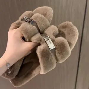 Plush Slippers with Metal Buckle Decoration - Elegant & Versatile Flat Slippers for Women Khaki