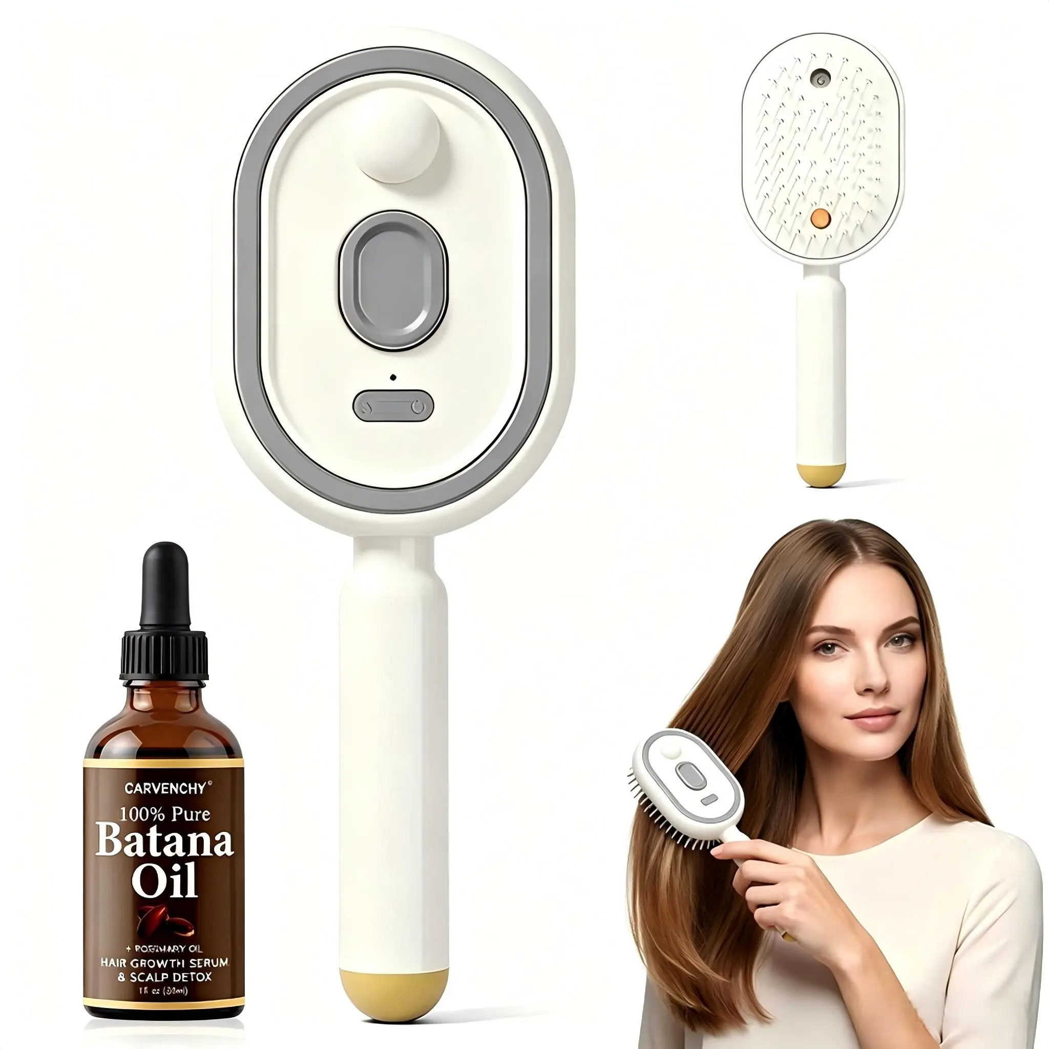 Electric Cushioned Spray Air Massage Comb Hair Tool - Plastic, Self-Cleaning, Anti-Tangle, Anti-Static, Adds Volume, Hydration, Frizz Control, Essential Oils Mist Aromatherapy, Retractable, Batana Oil 30ml, Compact for Home Morning Routines Hair Care