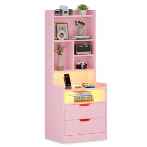 Sikaic LED Tall Nightstand with Bookshelf Charging Station Modern Bedside Table with 2 Storage Drawers and Open Storage Space Bedroom Pink Aesthetic
