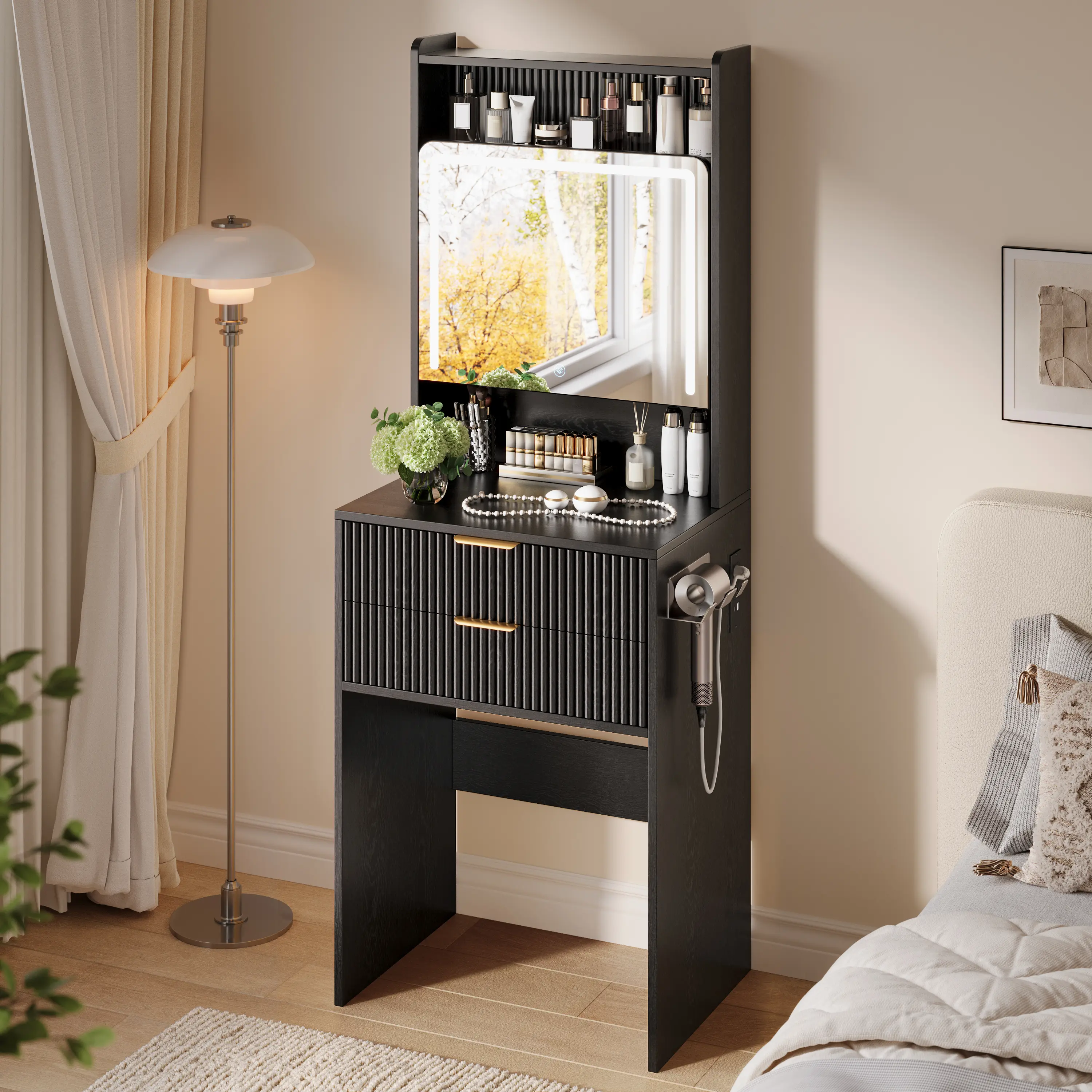 TOKSOM 3 in 1 Small Vanity Desk with Mirror and Three Types of Lights,Make up Vanity with Drawers and Storage,Modern Floor Vanity ，21.6x15.7x59.5 in Teen Gift Girl Rooms Furniture,Vanity Set with LED Lights and Power Outlet,Bedroom or Dorm/Best Gift Ideas