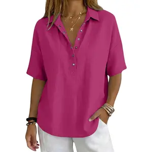 Cotton Linen Tops for Women - 2026 Summer Gauze Shirts Button Down V Neck Half Sleeve Blouses Dressy Casual Clothes