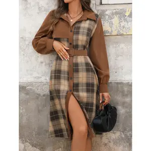 Women’s New Autumn–Winter Casual Office Vintage Shirt-Collar Plaid Patchwork Slim-Fit Weave Dress, Retro Style, Long Sleeve, Fall Fashion, Womenswear