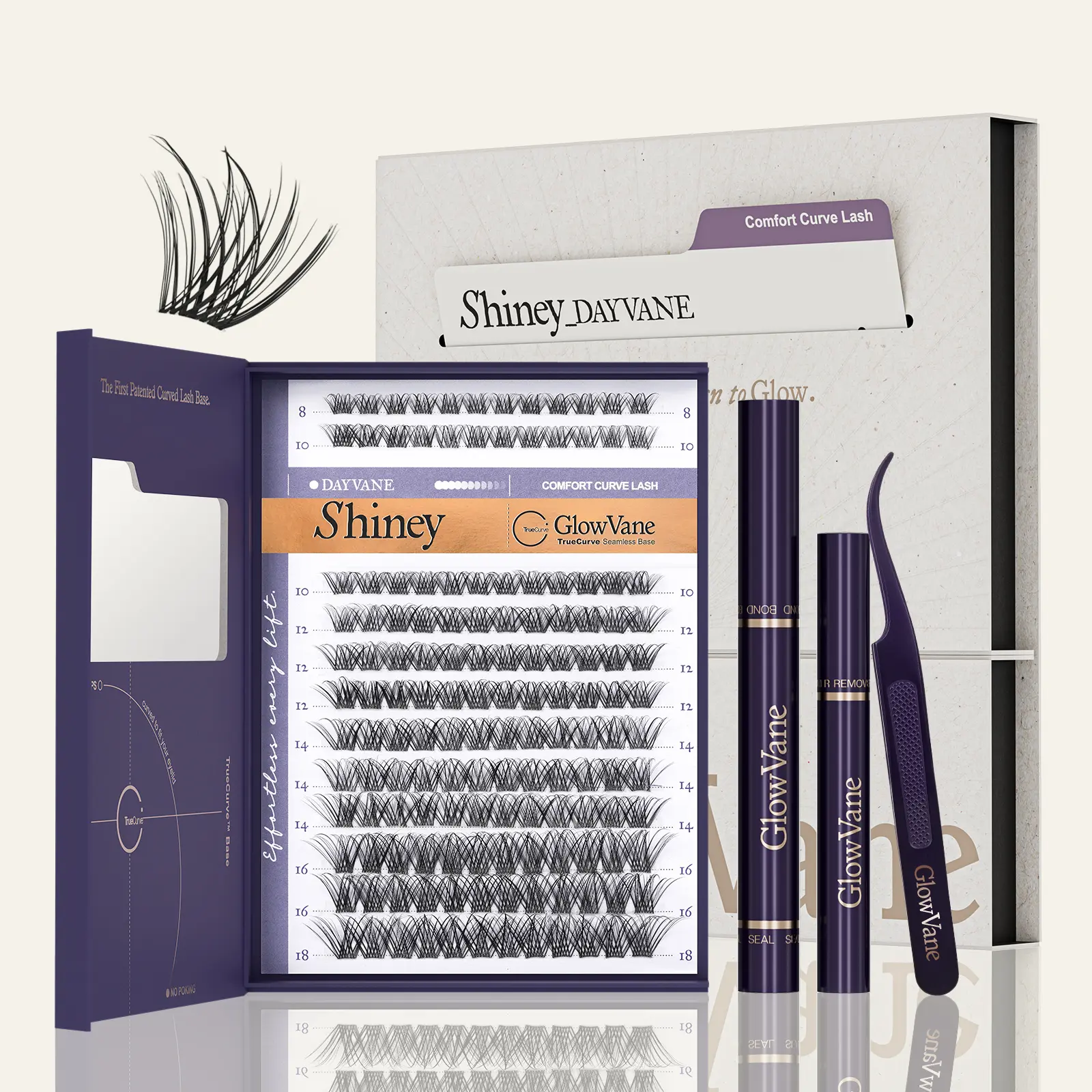 GlowVane Lash Clusters Kit Shiney 144PCS TrueCurve Base Ultra-Soft Featherlight Waterproof Long-Lasting 8-18mm Mix Volume Glam Beginner-Friendly DIY Lash Extension Kit