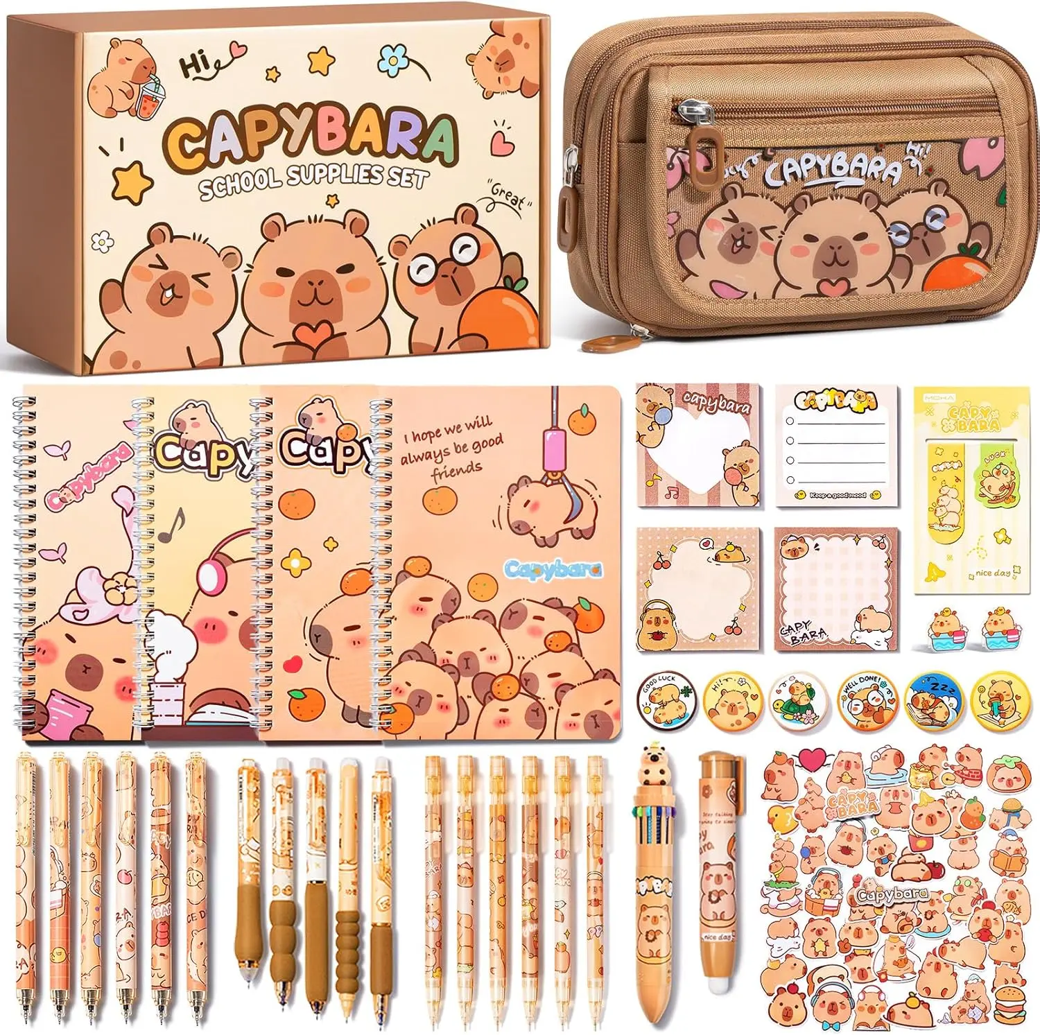 36PCS Lightweight Adorable Capybara Stationery Set - Kawaii College School Supplies, Back to School Stuff with Pencil Case, Gel Pens, Mechanical Pencils, Stickers, Pins, Notebooks, Sticky Notes - Office Accessories, Teen Girl Gifts