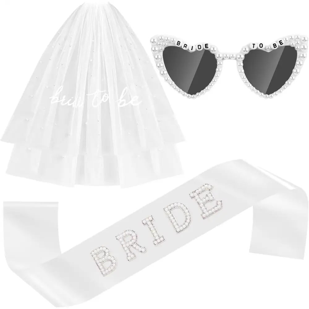 Bride-to-Be Accessory Set with Veil, Sash, and Sunglasses – Ideal for Bachelorette Parties, Bridal Showers, Engagements, the Beach, Honeymoons, and Photo Props, Photobooth Props, Party Accessories