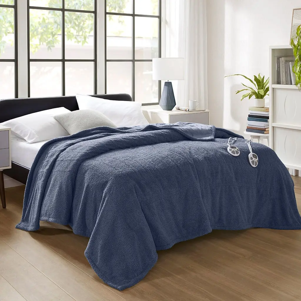 Serta Dream Soft Faux Feather Heated Electric Blanket - Full Size, Navy, ST54-3576 Model, 77x84x0.25in, Heats Up, Cozy Style, Overheating Protection, Machine Washable Household Appliance, Feel Cosy