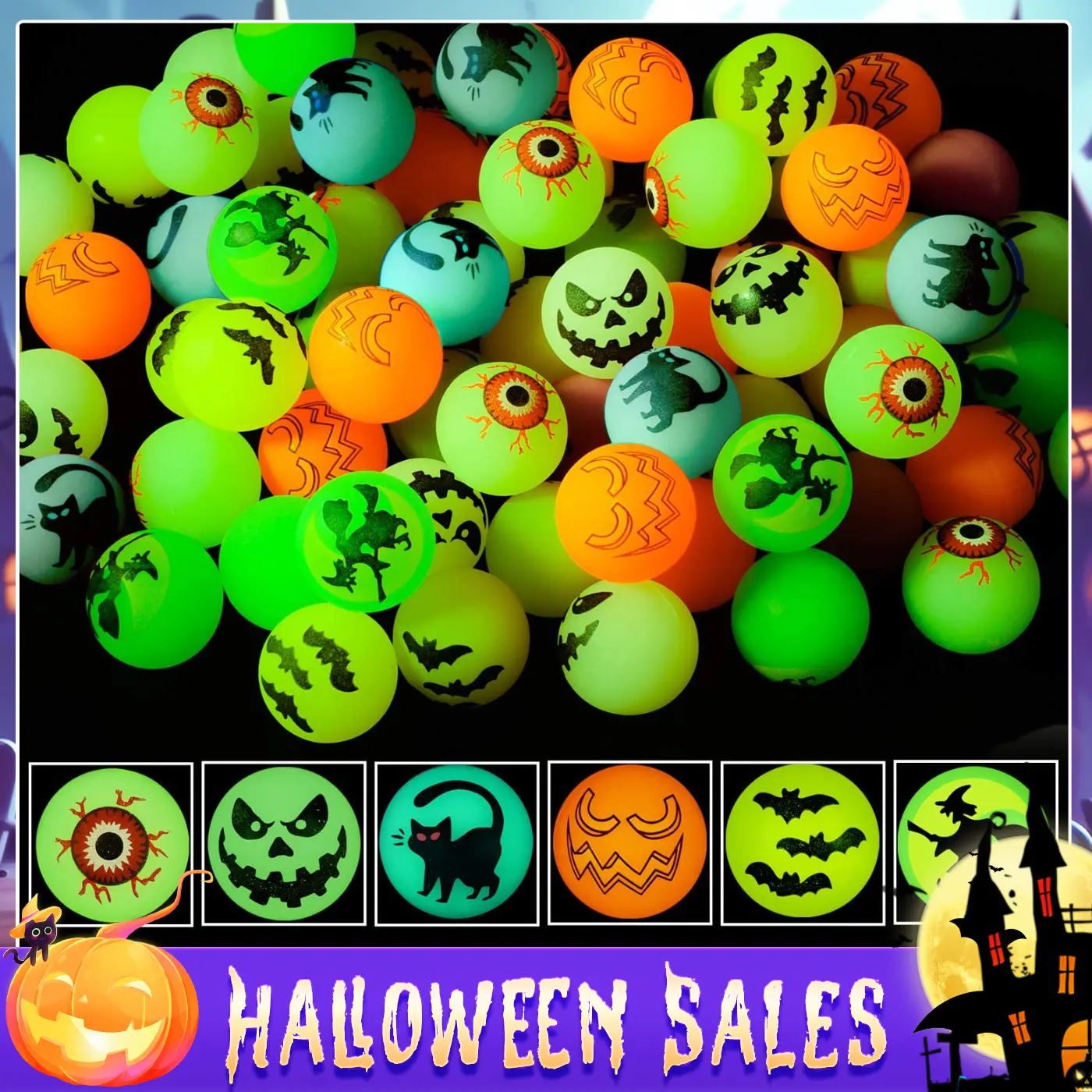 72 Halloween Theme Designs Bouncing Balls - Glow in The Dark Bouncy Party Favors Supplies for Kids, Trick or Treating Goodie Light Spooky, backtoschool, glowup
