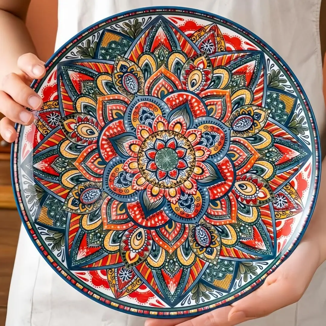 Boho Style Flower Pattern Ceramic Plate, Decorative Plates, Dinner Plates, Colorful Exquisite Salad Plate, Salad Serving Plates, Large Dinnerware Set for Home Kitchen Dining Room, Dishwasher Safe Tableware, Modern Ceramic Plates
