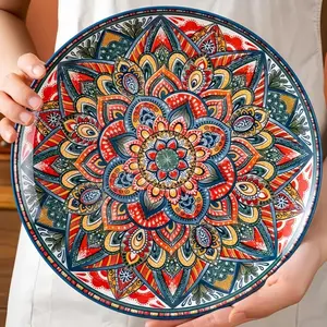Boho Style Flower Pattern Ceramic Plate, Dinner Plates, Colorful Exquisite Salad Plate, Salad Serving Plates, Large Dinnerware Set for Home Kitchen Dining Room, Dishwasher Safe Tableware, Modern Ceramic Plates