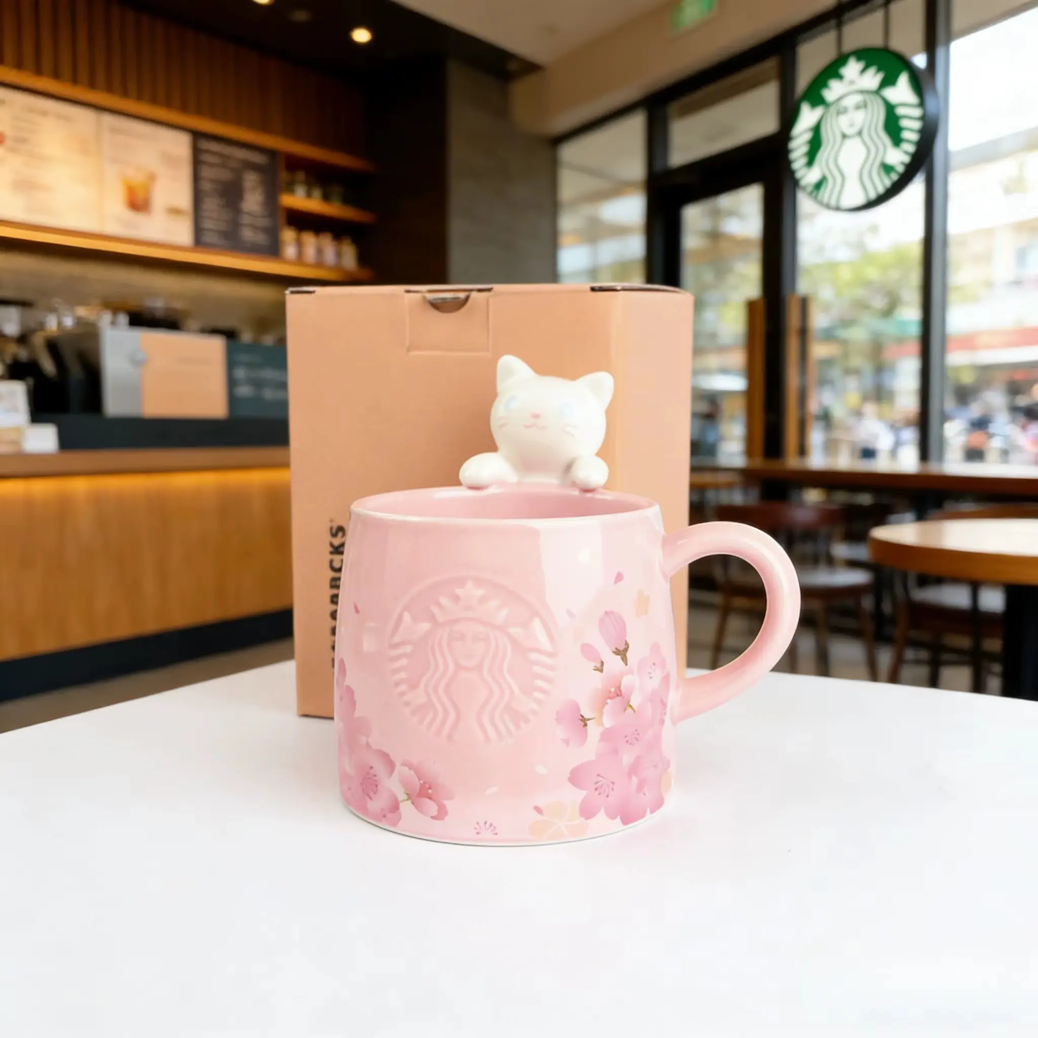 Starbucks Overseas Cute Pink Sakura Cat Coffee Mug Cup Cherry Blossom 12oz
