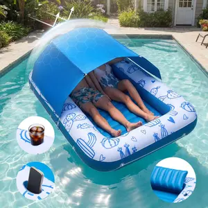 VEVOR Inflatable Pool Float with UPF 50+ Canopy, 82" x 55" Large Tanning Pool Floating Lounger for Adults, 550LBS Capacity Sunbathing Lounger Floaties with Pillow, Phone & Cup Holder for Water Fun