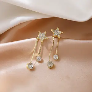 925 Silver Needle Micro-Inlaid Star Tassel Earrings DDES0103 New Style Exquisite Rhinestone Simple and Fashionable Earrings 14K Gold-Plated