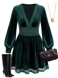 Elegant Plus Size Women's Velvet Lace Patchwork Lantern Sleeve Long Dress Set, Slim Fit for Spring & Fall, Stylish Kint Fabric