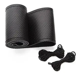 Universal Leather  Steering Wheel Stitch On Wrap Cover DIY Sewing Breathable and Anti Slip, Maximum for 15-Inch Diameter  Steering Wheel (Black)