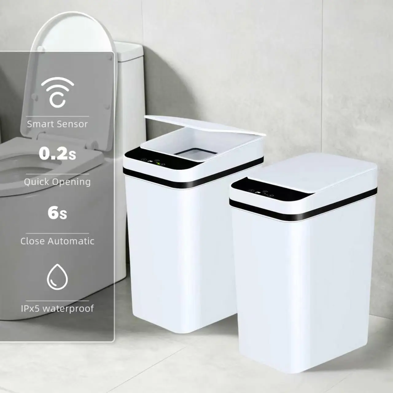2 Pack 12L ABS Automatic Trash Bin for Bathroom, Automatic Motion Touchless Sensor Smart Garbage Can, Slim Waterproof Small Trash Bin for Bedroom, Living Room, Office, Kitchen, White garbage, Black garbage