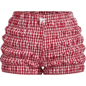 Women's Plus Size Plaid Ruched Bloomer Shorts Elastic Waist Cute Mini Shorts