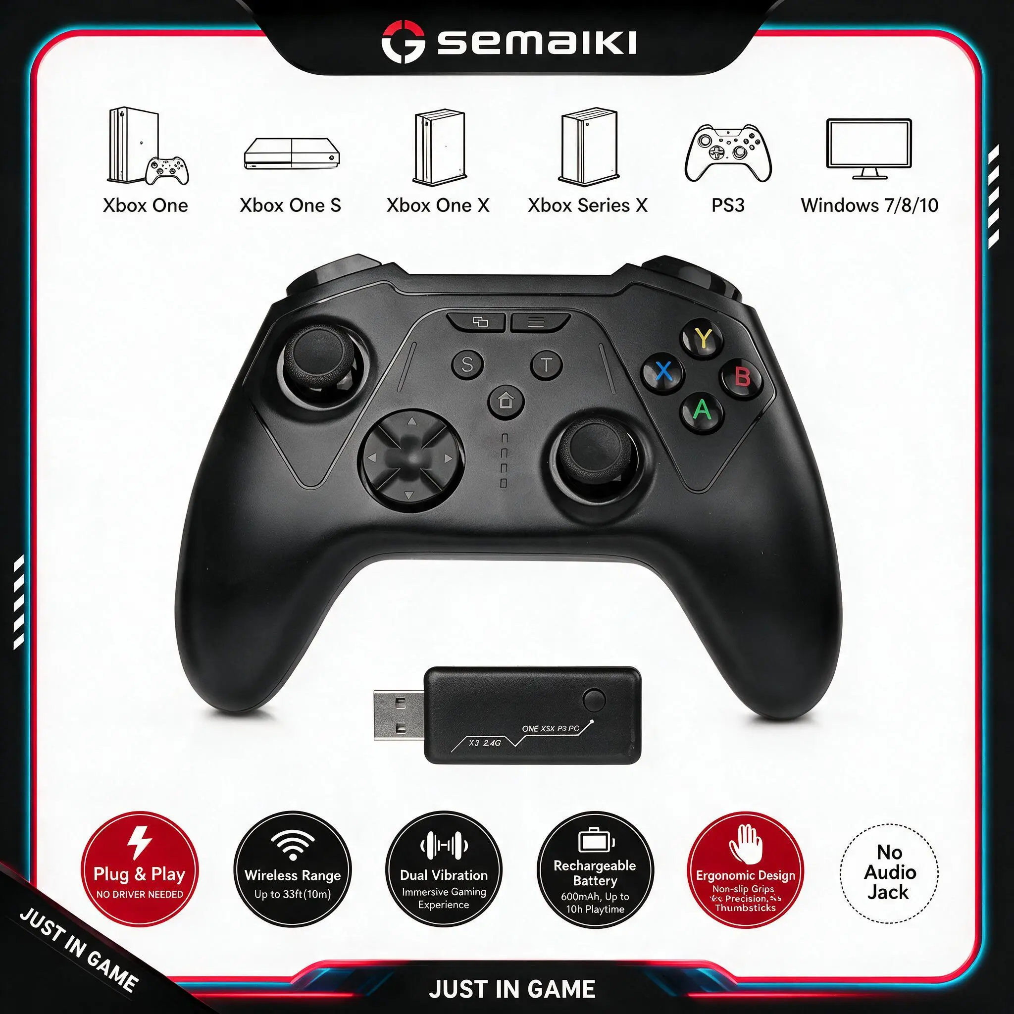 Semaiki 2.4 GHz Wireless Thumbstick Controller for Xbox Consoles, Plug-and-Play Rechargeable Gaming Gamepad with Turbo & Macro, Connection Receiver Included, Compatible with PS3/PC/Smartphone, Accessories