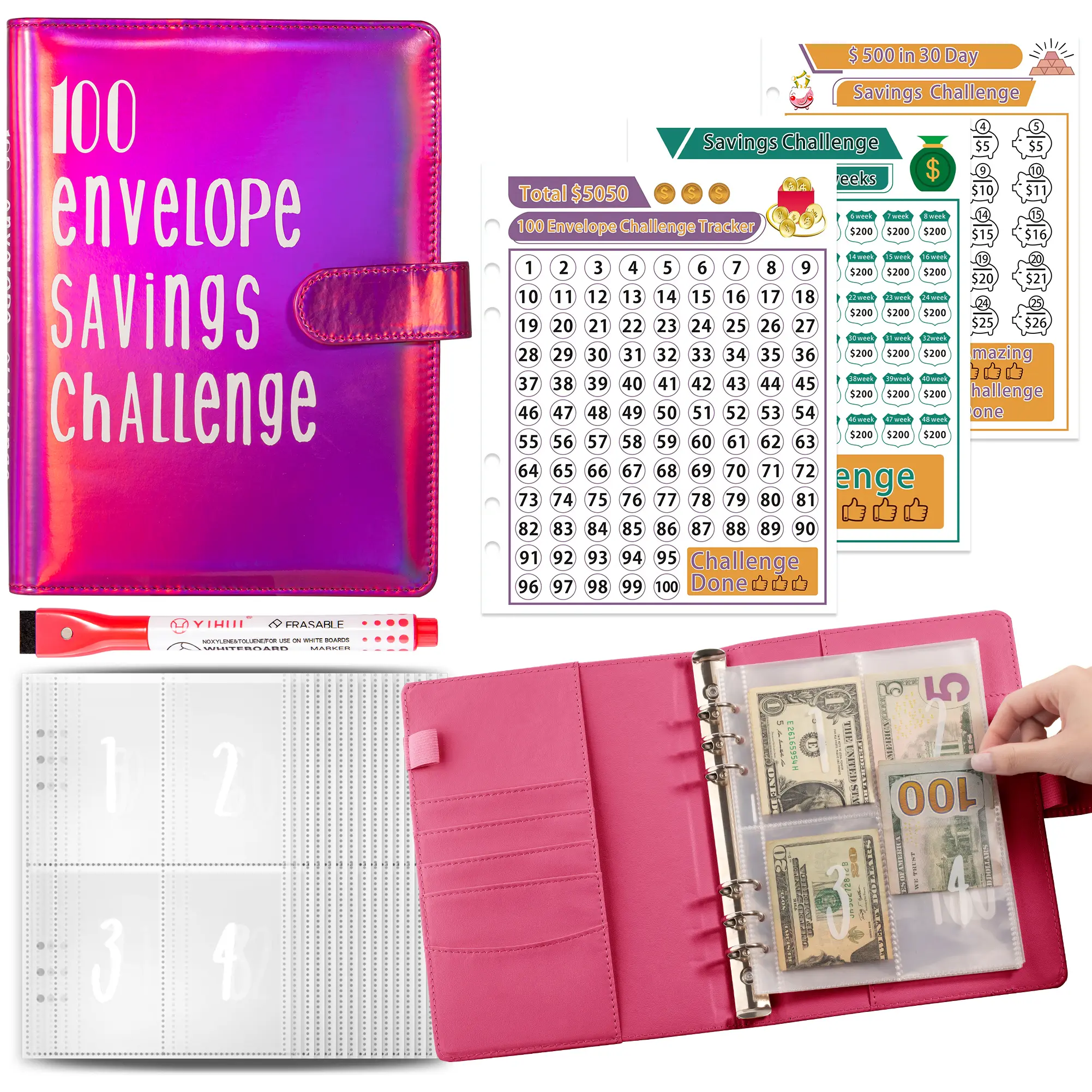 100-Day Savings Binder - Savings Challenge Planner, Daily Money Tracker, Budget Planner, Cash Envelope Organizer for Personal Finance Progress Visualization & Savings Organization