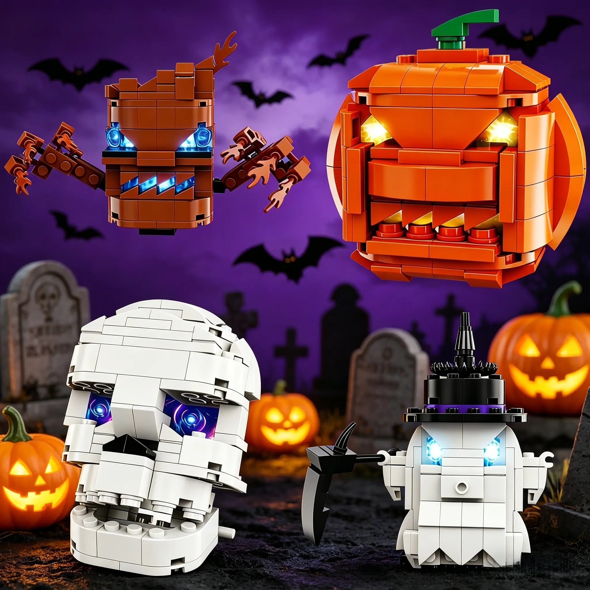 4 Pcs Halloween Building Toys with LED Lights, Halloween Building Blocks Set, Pumpkin/Ghost/Skull/Demon, STEM Educational Toys for Kids 6+, Halloween Party Decorations, Trick or Treat Gift