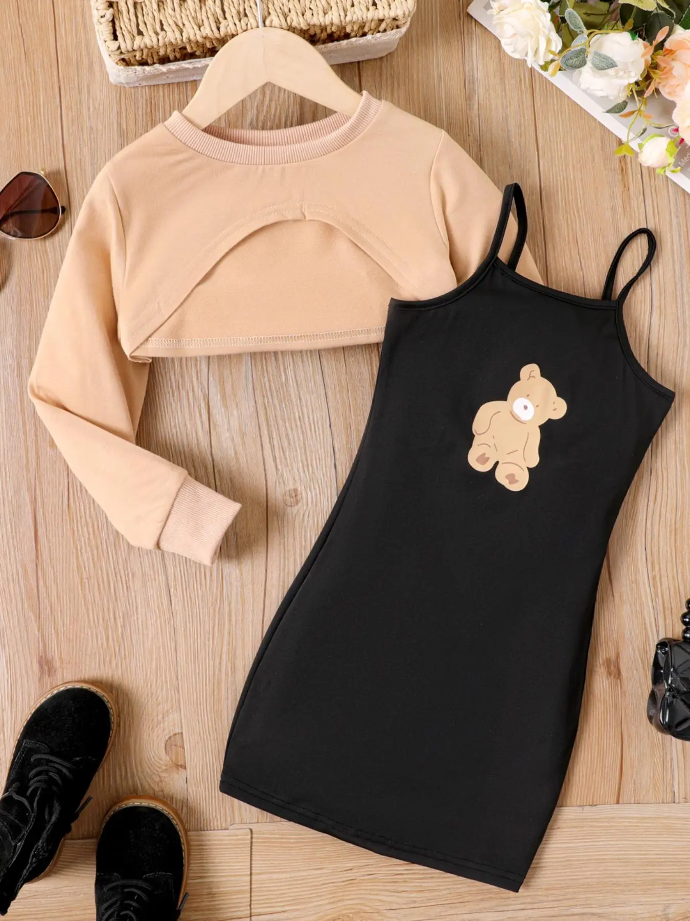 Girl's Plain High Low Crop Sweatshirt & Cartoon Bear Print Cami Dress Set, Cute Round Neck Long Sleeve Pullover & Dress, Kids Fall & Winter Clothes