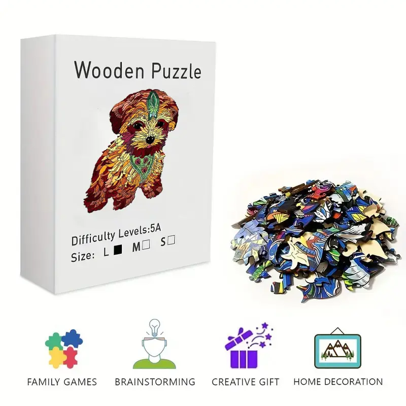 Colorful Mandala Puppy Wooden Jigsaw Puzzle - Challenging Irregular Shaped Pieces for Adults & Kids, Intricate Floral Pattern Dog Puzzle, Stress Relief Brain Teaser, Framable Wall Art & Home Decor