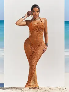 Three-piece Set Women's Solid Color Crochet Bathing Suit Set, Casual Hollow Out Sleeveless Cover Up Dress & Bikini Set, Ladies Summer Swimwear Coverups Swimsuit for Beach Holiday Vacation